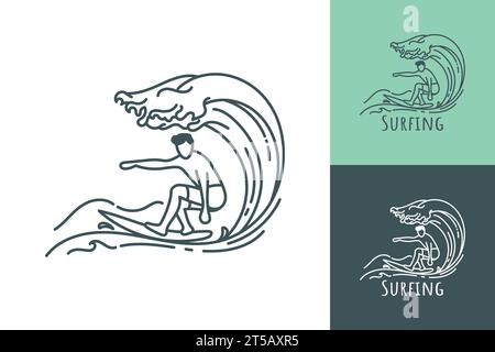 Surfing line art logo of a man surfing in a rolling ocean wave vector illustration Stock Vector