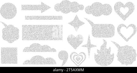 Set of shapes made of grainy sandy texture. Grainy noise template, grunge effect. Star heart arrow square fire rectangle circle quotes cloud speech bu Stock Vector