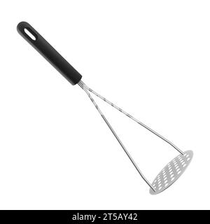 Stainless Steel Potato Masher isolated on white background. A silver metal Potato Masher with black handle. Realistic 3D vector illustration. Kitchen Stock Vector