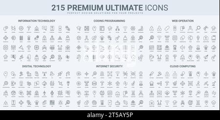 Cloud technology, coding and internet security, information protection thin black line icons set vector illustration. Outline symbols of program code and secure app, upload and download data files Stock Vector