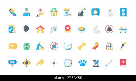 Pet care and food, vet supplies flat icons set vector illustration. Toys for animal friends, bird, and fish in an aquarium, veterinary doctor, and carrier, pet-friendly pictogram collection. Stock Vector