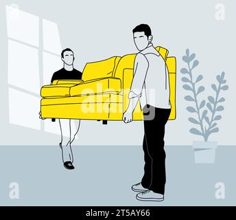 Two young men carrying yellow sofa, couch vector.  Stock Vector