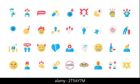 Stress flat icons set vector illustration. Symbols of anxiety and tiredness, hangover and work burnout, tired sick man with low battery, angry and nervous person with steam from head. Stock Vector