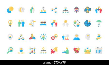 Teamwork flat icons set vector illustration. Black symbols collection of human resources and community, team of people and social groups, work organization, leadership, and partnership. Stock Vector