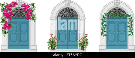 Set of three blue and white doors, modern, 3 doors, neo-classical style, doors, vector, flat pattern Stock Vector