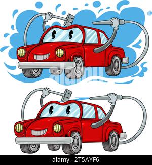 Automobile Cartoon Character Car Wash. Vector Hand Drawn Illustration isolated on white background. Stock Vector