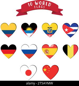 Set of heart shapes with different flags Vector Stock Vector