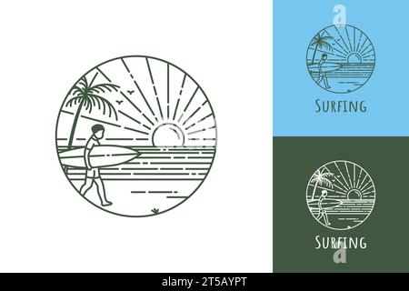 Surfing logo on tropical beach man carrying surfboard at sunset line art design concept vector illustration Stock Vector