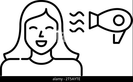 Woman blow-drying her hair with a hairdryer. Pixel perfect, editable stroke Stock Vector