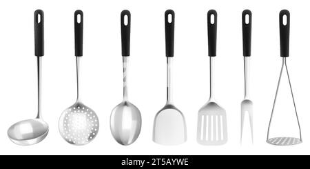 Set of kitchen cooking utensils such as soup ladles and slotted spoons, kitchen Spatula, Potato Masher, Skimmer Spoon, meat fork, 3d realistic mockup Stock Vector