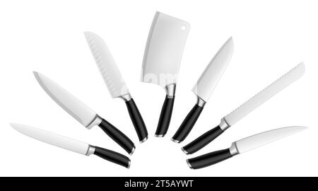 Set of steel kitchen knives isolated on white background. Butcher knives tools, chef knife, versatile and for slicing fruits, vegetables. For restaura Stock Vector