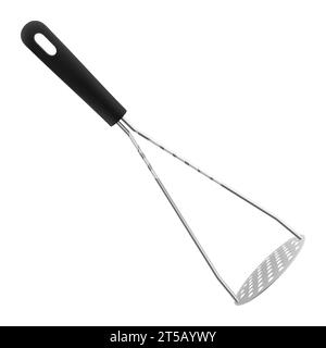 Stainless Steel Potato Masher isolated on white background. A silver metal Potato Masher with black handle. Realistic 3D vector illustration. Kitchen Stock Vector