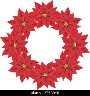 Beautiful round wreath of red poinsettia flowers. Traditional decor on the wall or door for Christmas, New Year. Isolated flower frame. Cartoon flat s Stock Vector