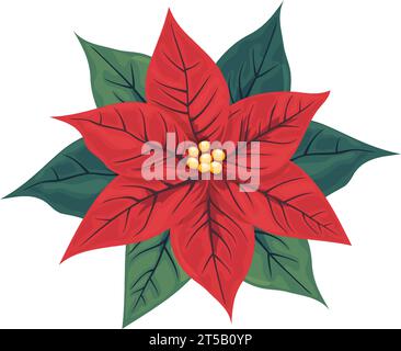 Isolated red poinsettia flower. A popular plant for Christmas or New Year. Traditional decor on the wall or door for Christmas, New Year. Cartoon flat Stock Vector