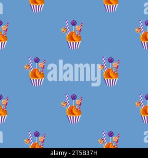Seamless pattern with sweets on a blue background. Seamless background with cupcakes. For wrapping paper, packaging, fabric, wallpaper. Stock Vector