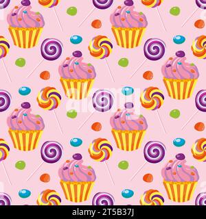 Seamless pattern of sweets, cookies and cupcakes decorated with cream. Birthday cupcakes with candy. Pink background. For wrapping paper, packaging, f Stock Vector
