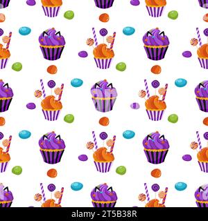 Seamless pattern design with pastries, candies, cookies and cupcake with cream on a white background. Seamless cupcake pattern. For wrapping paper, pa Stock Vector
