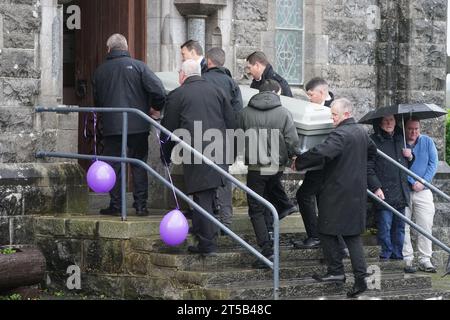 The coffin of Denise Morgan is carried into the Church of the Assumption in Tullyallen in County Louth for her funeral, she was shot dead in a murder/suicide incident in New York. Picture date: Saturday November 4, 2023. Stock Photo