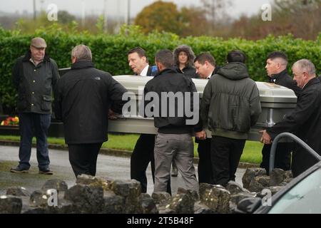 The coffin of Denise Morgan is carried into the Church of the Assumption in Tullyallen in County Louth for her funeral, she was shot dead in a murder/suicide incident in New York. Picture date: Saturday November 4, 2023. Stock Photo