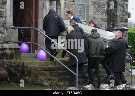 The coffin of Denise Morgan is carried into the Church of the Assumption in Tullyallen in County Louth for her funeral, she was shot dead in a murder/suicide incident in New York. Picture date: Saturday November 4, 2023. Stock Photo