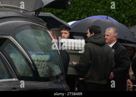 The coffin of Denise Morgan is carried into the Church of the Assumption in Tullyallen in County Louth for her funeral, she was shot dead in a murder/suicide incident in New York. Picture date: Saturday November 4, 2023. Stock Photo