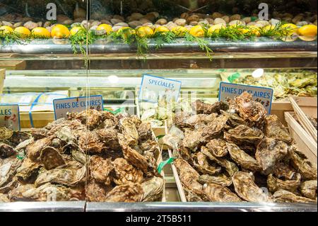 Oysters on display at legendary Le Dome Café  in Montparnasse on a November evening in Paris, France Stock Photo