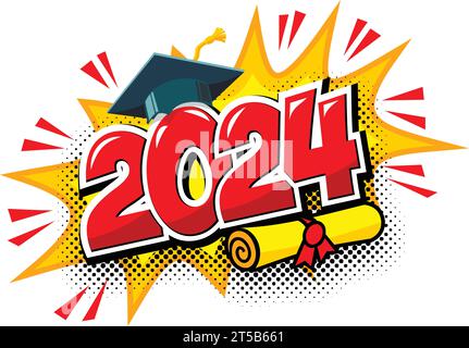 2024 class graduate header. Decorate congratulation for school graduates in comic cartoon style. Vector on transparent background Stock Vector