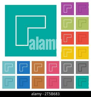 Top left 90 degrees angle arrow outline multi colored flat icons on plain square backgrounds. Included white and darker icon variations for hover or a Stock Vector