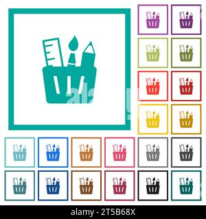 Drawing tools solid flat color icons with quadrant frames on white background Stock Vector