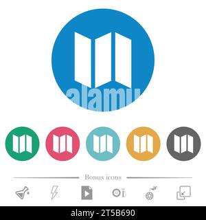 Collapsible map flat white icons on round color backgrounds. 6 bonus icons included. Stock Vector