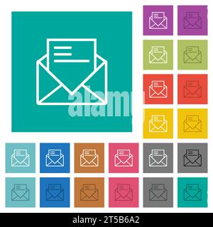 Open mail with letter outline multi colored flat icons on plain square backgrounds. Included white and darker icon variations for hover or active effe Stock Vector