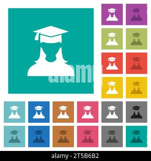 Graduate female avatar multi colored flat icons on plain square backgrounds. Included white and darker icon variations for hover or active effects. Stock Vector