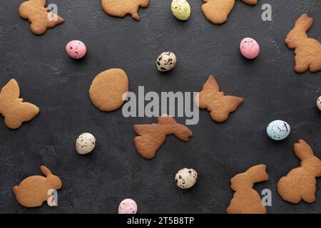 Top view eggs bunny shaped cookies easter Stock Photo