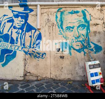 Sète, France - 10 28 2023 : street art on a low wall representing the singer-songwriter Georges Brassens, native of the city of Sète Stock Photo