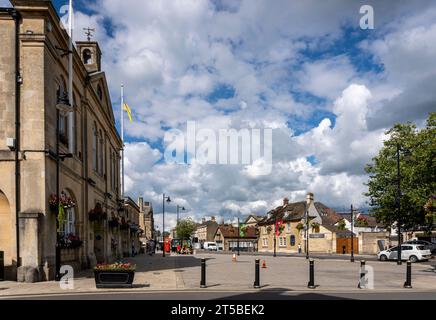 Street view of the Town Hall and buildings in the town of Melksham, Wiltshire, UK Stock Photo