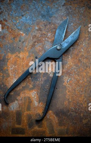 set of engineers metal tin shears laying on rusty metal surface Stock Photo
