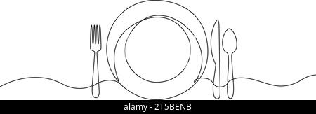 continuous single line drawing of dinner concept, plate with fork, knife and spoon, line art vector illustration Stock Vector