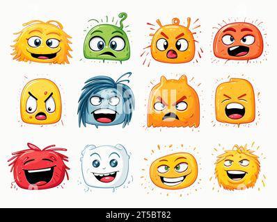 Drawing of 8 Emojis different expressions illustration separated, sweeping overdrawn lines. Stock Vector