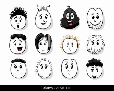 Drawing of 8 types Doodle Emoji face icon set illustration separated, sweeping overdrawn lines. Stock Vector