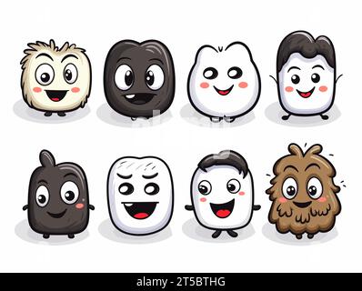 Drawing of 8 types Doodle Emoji face icon set illustration separated, sweeping overdrawn lines. Stock Vector