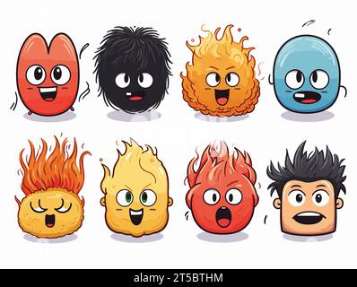 Drawing of 8 types Doodle Emoji face icon set illustration separated, sweeping overdrawn lines. Stock Vector