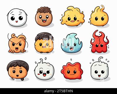 Drawing of 8 types Doodle Emoji face icon set illustration separated, sweeping overdrawn lines. Stock Vector