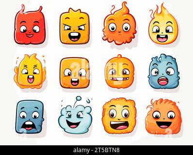 Drawing of 8 types Doodle Emoji face icon set illustration separated, sweeping overdrawn lines. Stock Vector