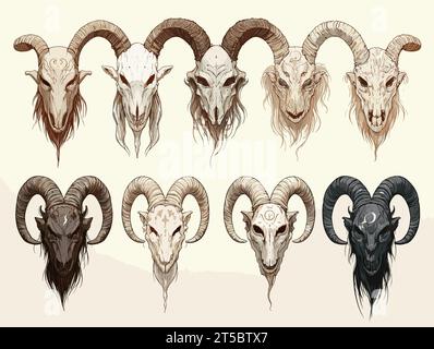 Drawing of 8 types of Satanic Goat Head horns Sheep Skull illustration separated, sweeping overdrawn lines. Stock Vector