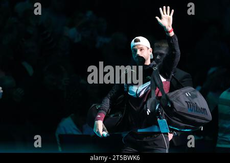 Paris, France. 4th Nov, 2023. Bulgarian player GRIGOR DIMITROV returns the ball to Greek player STEFANOS TSITSIPAS during the semi final of Rolex Paris Masters 1000 tournament at Paris Accor Arena Stadium - France (Credit Image: © Pierre Stevenin/ZUMA Press Wire) EDITORIAL USAGE ONLY! Not for Commercial USAGE! Credit: ZUMA Press, Inc./Alamy Live News Stock Photo