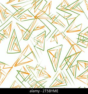 Drawing of Bright Green And Orange Triangles Seamless Pattern illustration separated, sweeping overdrawn lines. Stock Vector