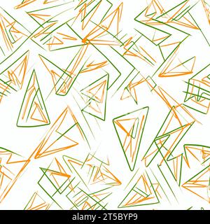Drawing of Bright Green And Orange Triangles Seamless Pattern illustration separated, sweeping overdrawn lines. Stock Vector