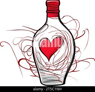 Drawing of Cartoon illustration of red heart inside a wine bottle illustration separated, sweeping overdrawn lines. Stock Vector