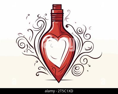 Drawing of Cartoon illustration of red heart inside a wine bottle illustration separated, sweeping overdrawn lines. Stock Vector