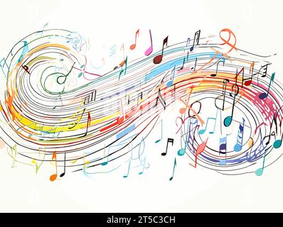 Drawing of Colorful music sheet with notes illustration separated, sweeping overdrawn lines. Stock Vector